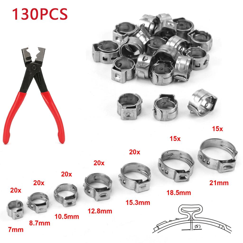 130pcs Single Ear Hose Clamps with Pliers or 130pcs Hose Clamps or 1PC Pliers 304 Stainless Steel Hose Clamps Cinch Clamp Rings