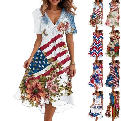 Vestido casual feminino fashion com decote V, manga curta, estampado para o Dia da Independência