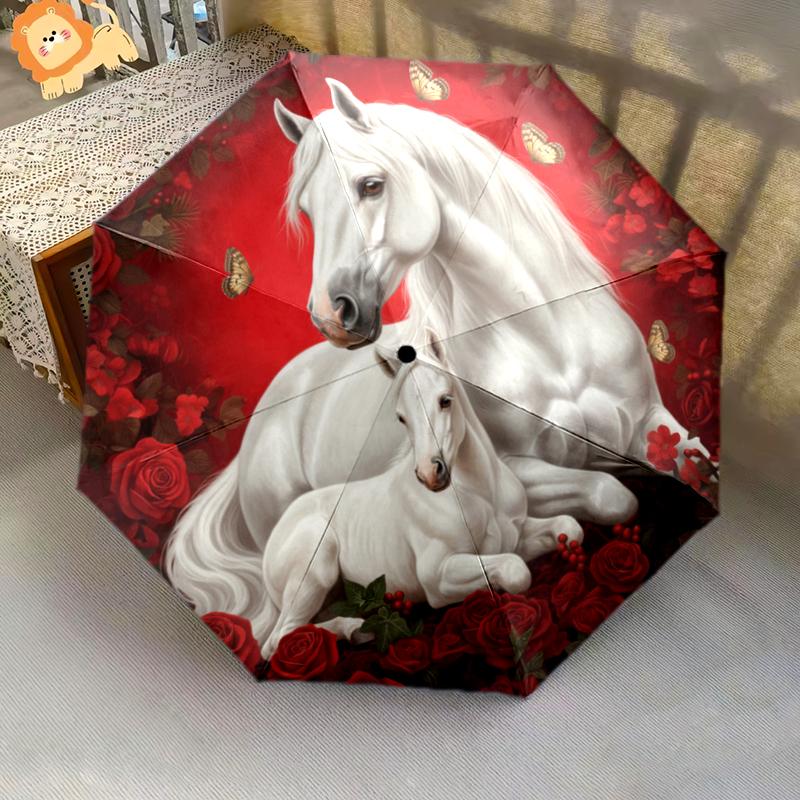 1 PC Automatic Folding Umbrella - Red Rose Horse Pattern, Portable & Foldable Design with 8 Ribs, Christmas Birthday Gifts