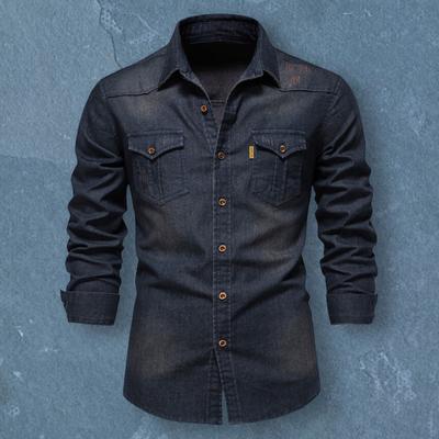 Men Denim Shirt Solid Color Multi Pockets Spring Summer Single Breasted Turn-down Collar