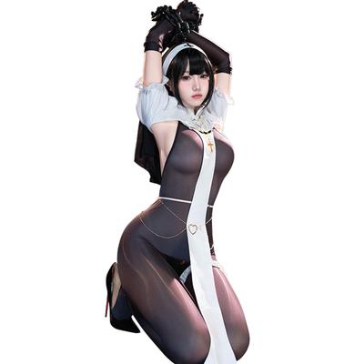 Baioretto Sexy Nun Cosplay Black and White Cross Full Body Zentai Celibate Costume Nun Costume Costume, See-Through Design, Suit, Saint, Choir,