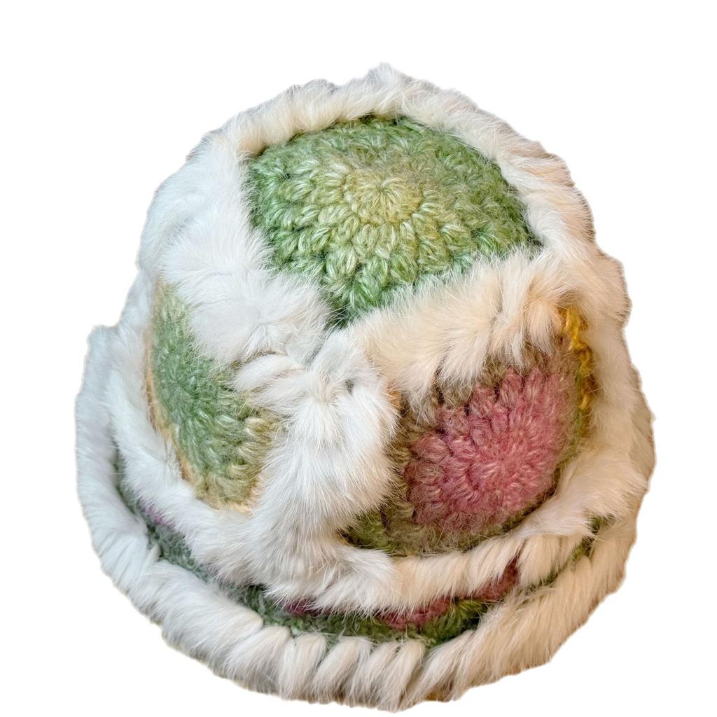 Colorful Rabbit Fur Fisherman Hat for Women In Autumn and Winter Hand Knitted Woolen Hat Warm Furry Hat Showing Face Small Plush Hat
