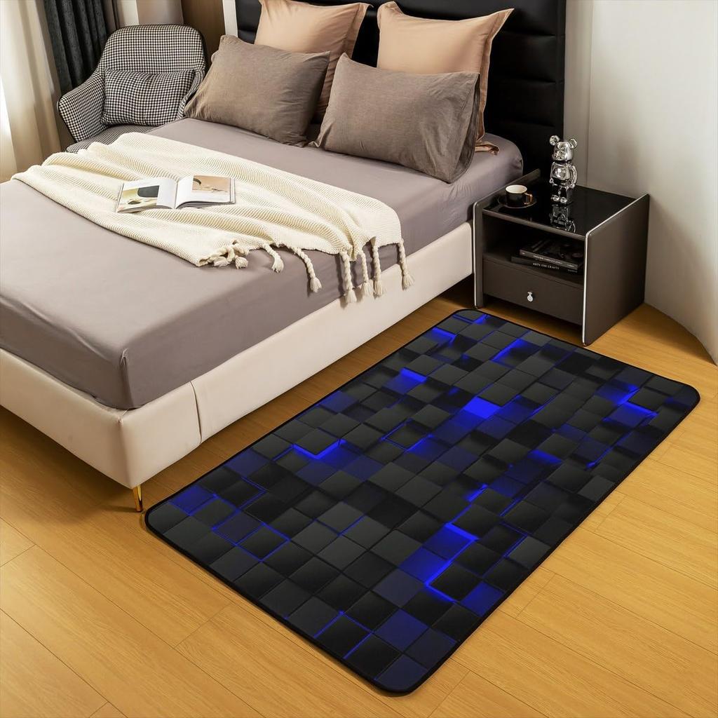 Erosebridal Teen Boy Geometric Rug 3x5 Black Navy Royal Blue Kids Area Rug,Neon Abstract Stereoscopic Check Grid Carpet Square Plaid Decorat