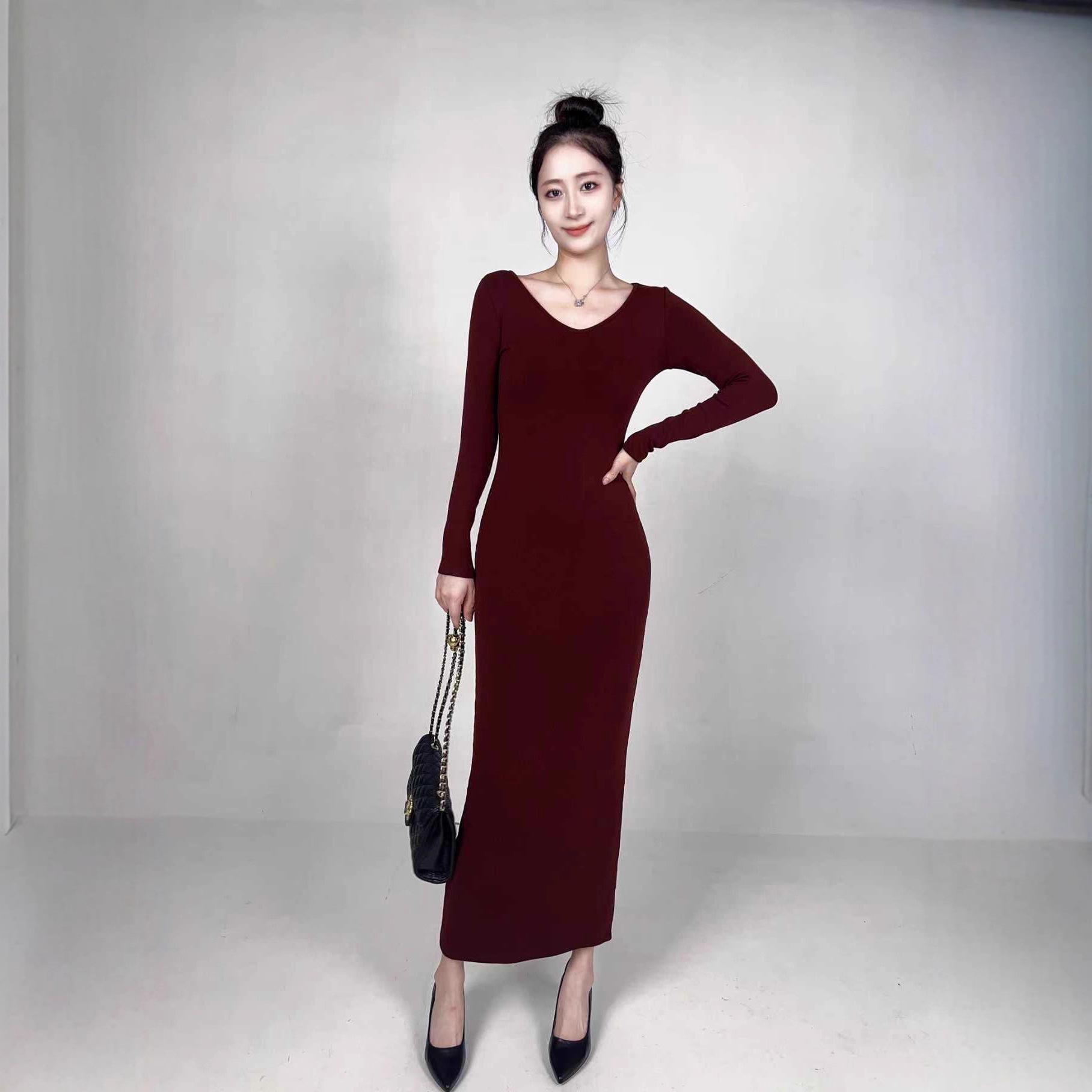 Velvet Warm Solid Color Elegant Slimming Socialite Dress Extra Large