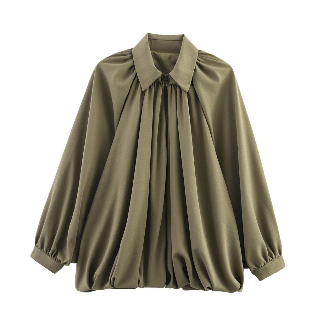 European and American Women's Loose Puff Sleeve Bomber Jacket with Turn-Down Collar