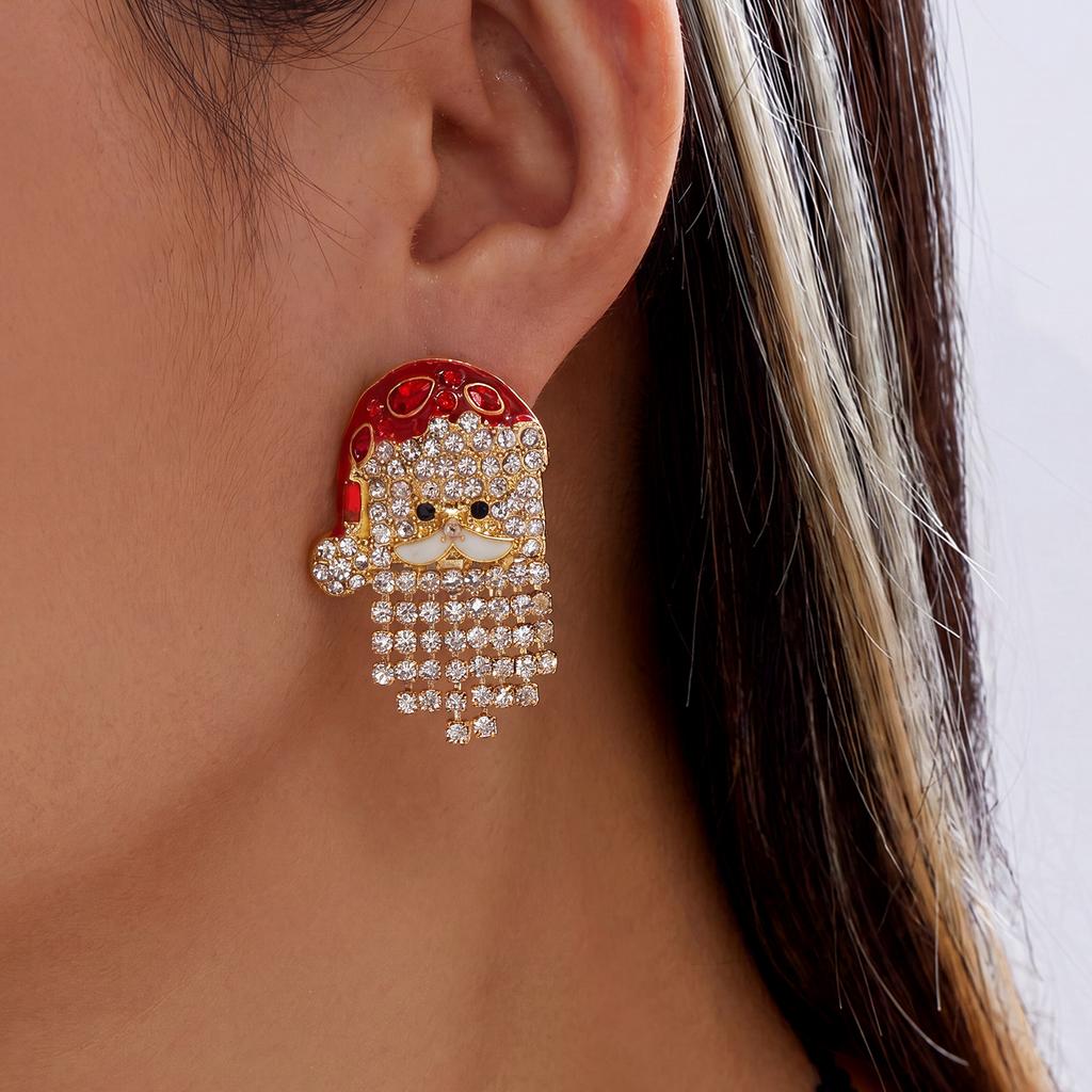 Elegant Christmas Santa Rhinestone Pearl Tassel Drop Earrings for Women Festive Holiday Statement Earrings Christmas Party Gifts