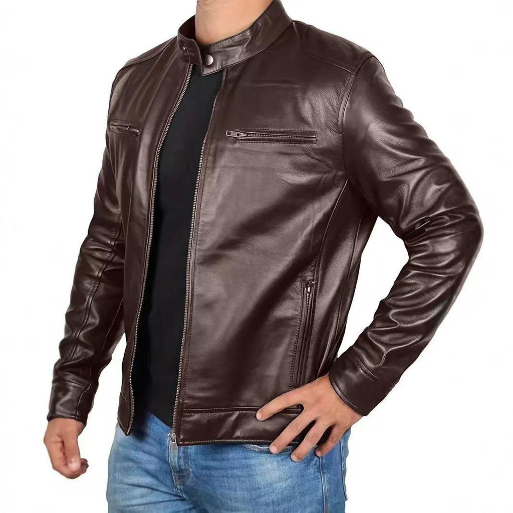 Herren Retro Slim Fit Stehkragen Motorradjacke mit Mehreren Taschen für Frühling/Sommer