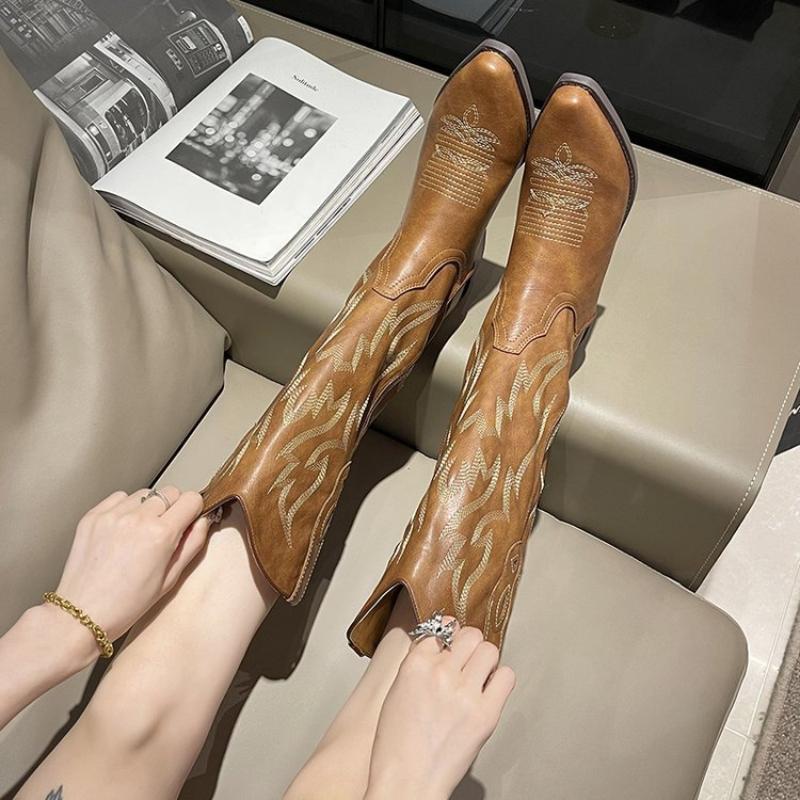 Embroidered Vneck Western Cowboy Boots for Women Fashionable Comfortable Pointed Toe Work Shoes Thick Heel High Top Knight Boots