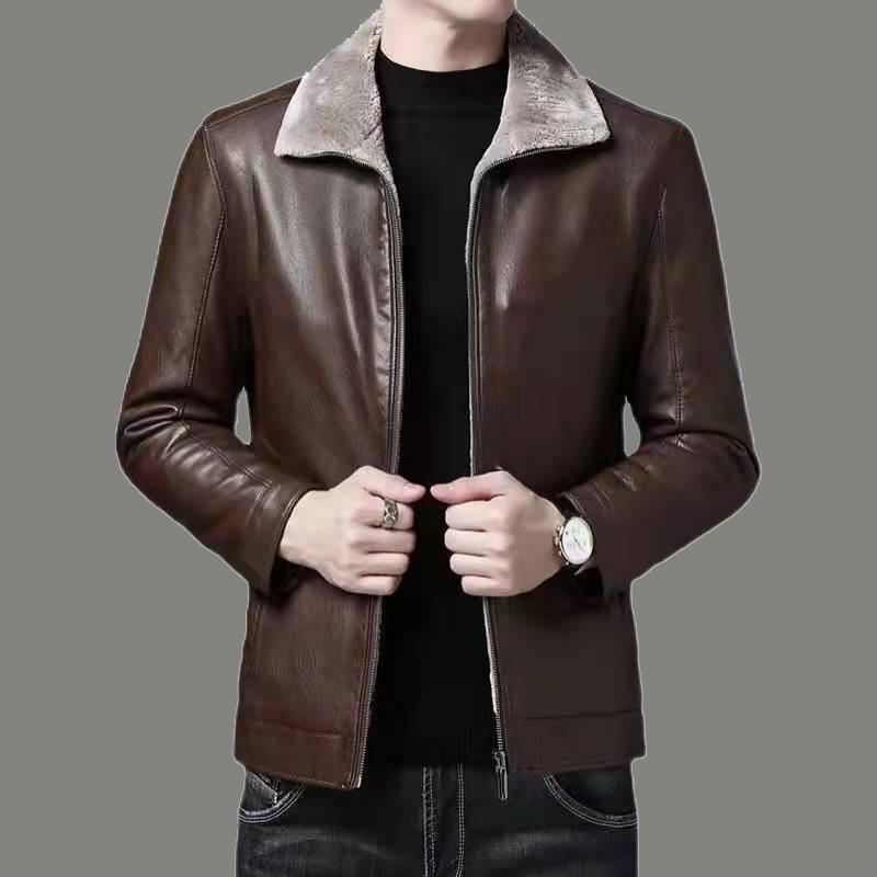 2024 Men's Fleece-Lined & Thin Style Winter Leather Jacket for Middle-Aged and Elderly