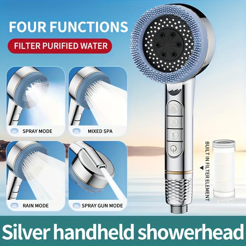 4 Modes Massage Shower Head Button Switch Large Flow Anti-bifurcation Silicone Water Outlet Water Saving Bathroom Shower Head