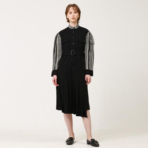 Bunderghost Jacquard Color Block Puff Sleeve Pleated Long Dress Black