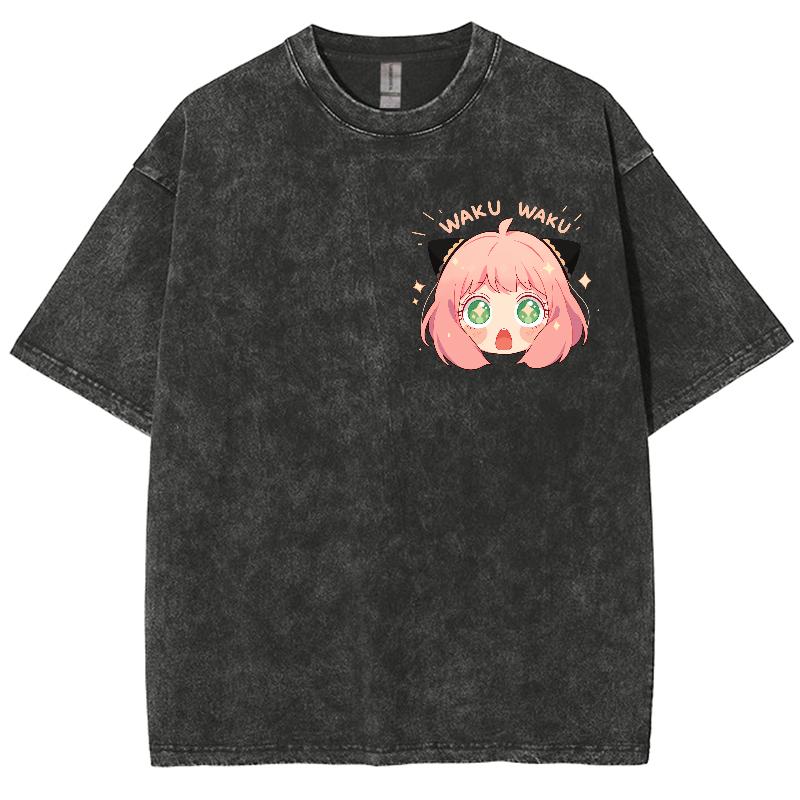 Vintage Casual Prany Denim Luźny T-shirt Kreskówkowy Nadruk Postaci Anime Streetowa Moda Amerykańska Wygodny Design