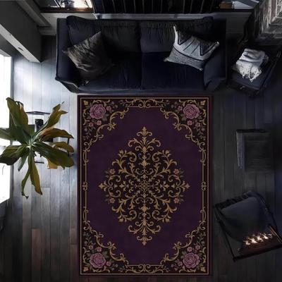 Tapis Violet Vintage avec Accents Floraux Baroques Dorés et Rose Tapis Esthétique Romantique Gothique pour Salon ou Chambre