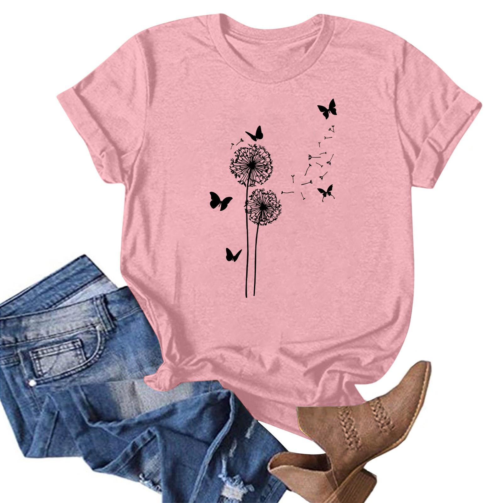 

Женская модная повседневная летняя удобная блузка с круглым вырезом и коротким рукавом с принтом M розовый