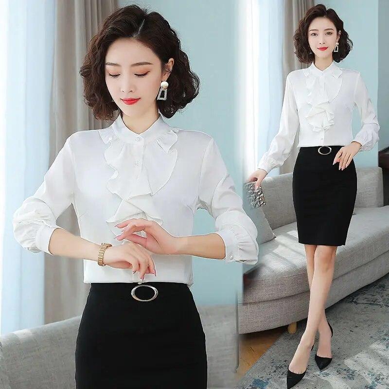 Chiffon Blouse Women's Spring Autumn New Standing Collar Long Sleeved Professional Shirt Solid Color Ruffle Bottoming Top