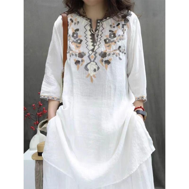 Summer Heavy Industry Women's Vintage Embroidered Medium-length Loose Cotton and Linen Stylish Casual Pullover Top