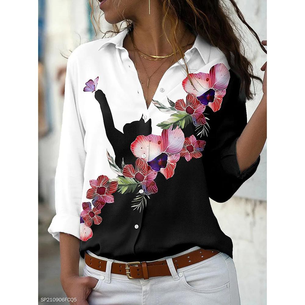 Autumn Women's Flower Print Shirt Fashion Button Top Slim Fit Comfortable Women's Button V-neck Casual Long Sleeve Shirt