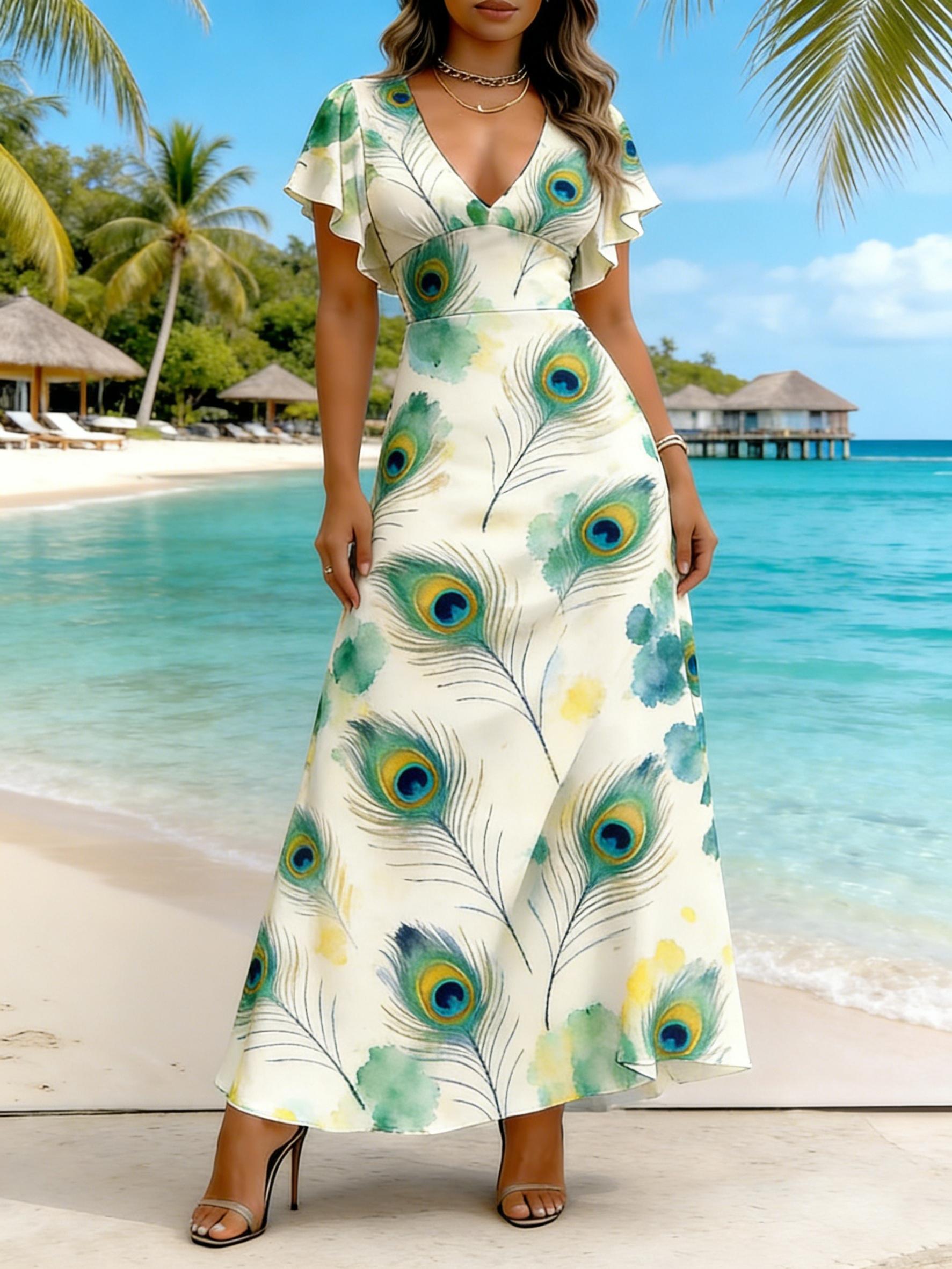 Women Modern Elegant Casual Fashion Cream Peacock Feather Print Short Sleeve Dress Spring Summer Autumn Women Clothing Vacation Long Dress XXS