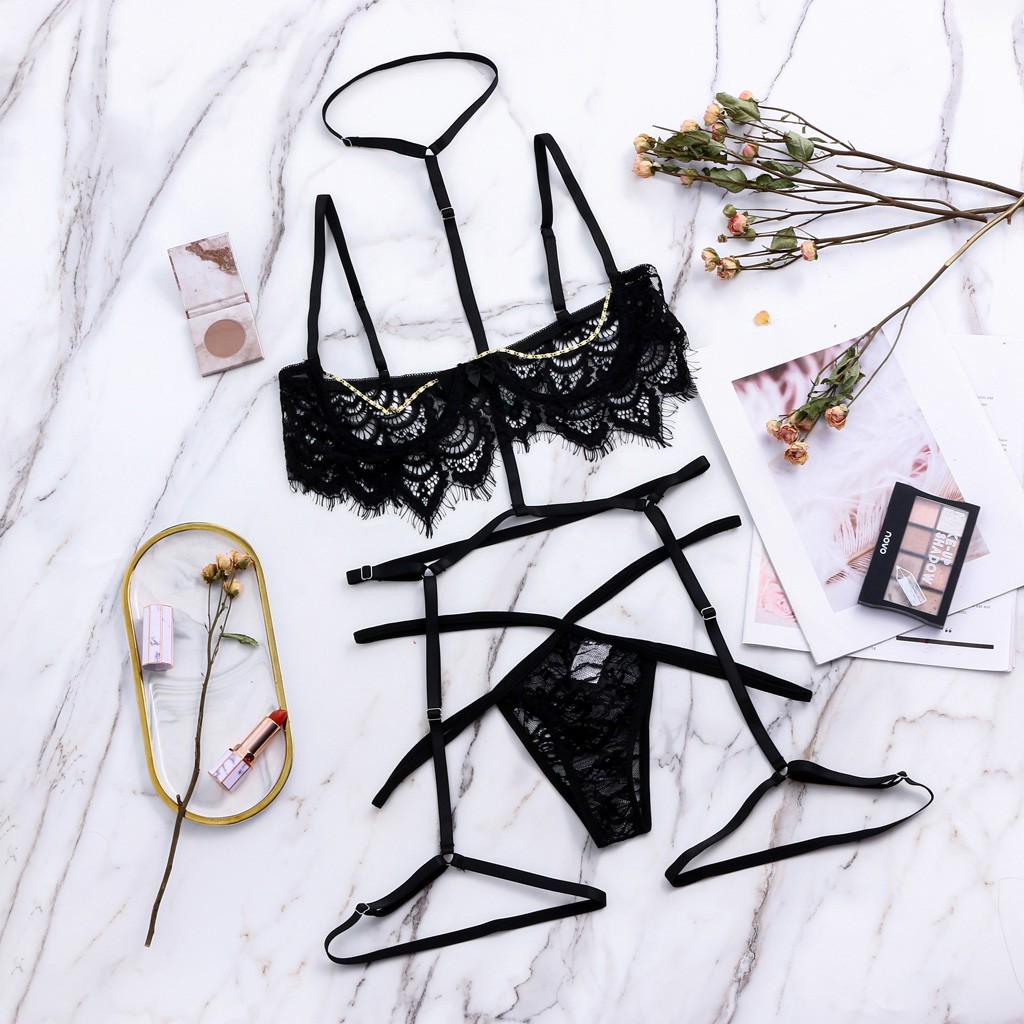 3PC Sexy Lingerie Lace Embroidery G-string Thong Underwear Sleepwear