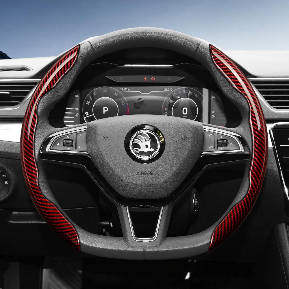 Suitable for Skoda Carbon Fiber Texture Steering Wheel Cover with Segmented Quick-Release Design, Durable, for Octavia Kamiq Fabia Kodiaq Karoq Enyaq