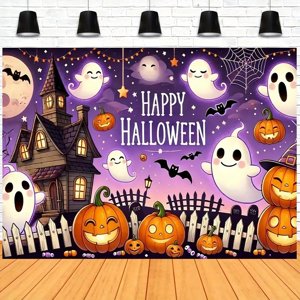 1pc Halloween Background Banner Smiling Pumpkin Lantern Colorful Polyester Backboard Fabric Suitable for Family Gatherings We