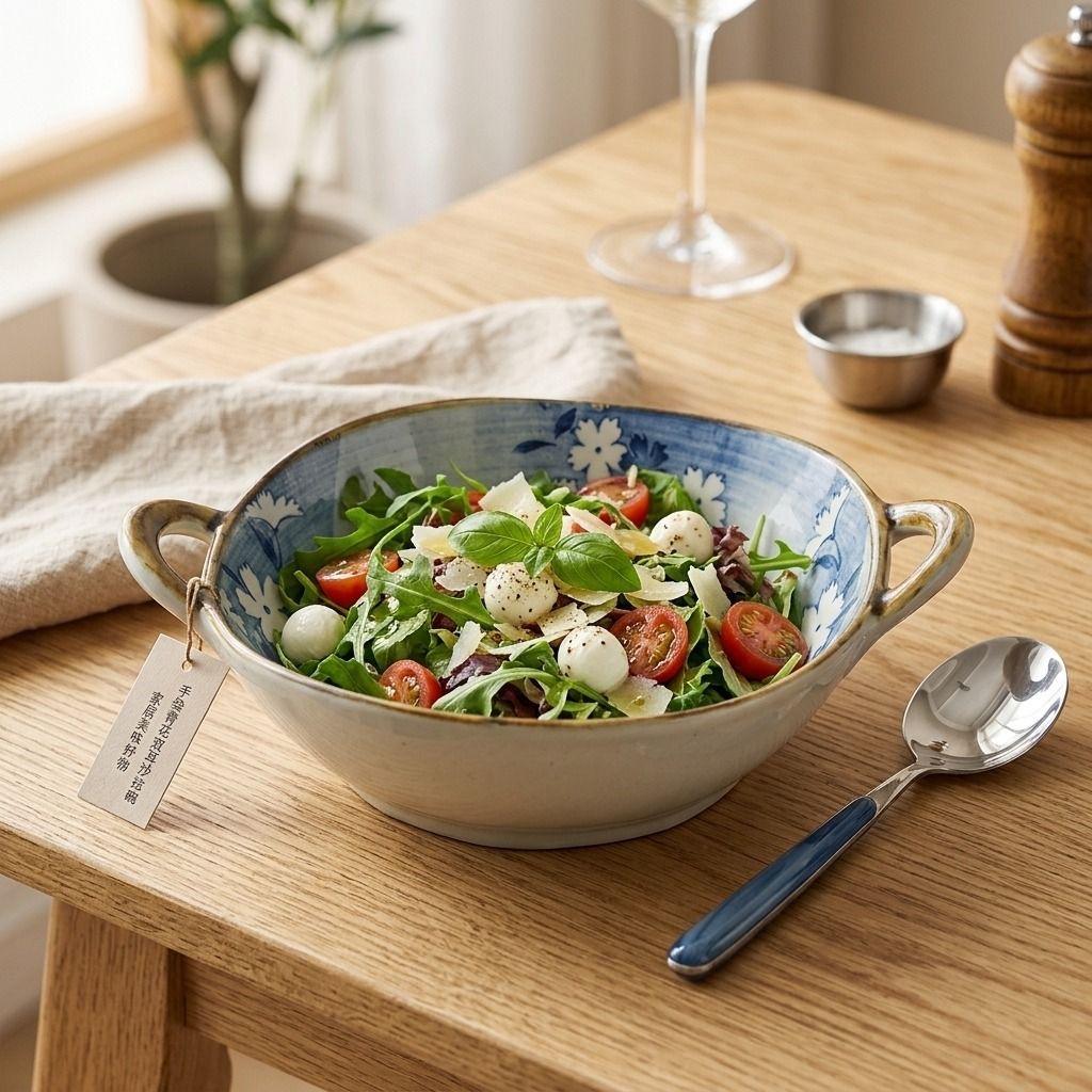 Japanese Irregular Ceramic Bowl with Double Handles, Soup Noodle Salad Fruit Serving Bowl for Home Tableware