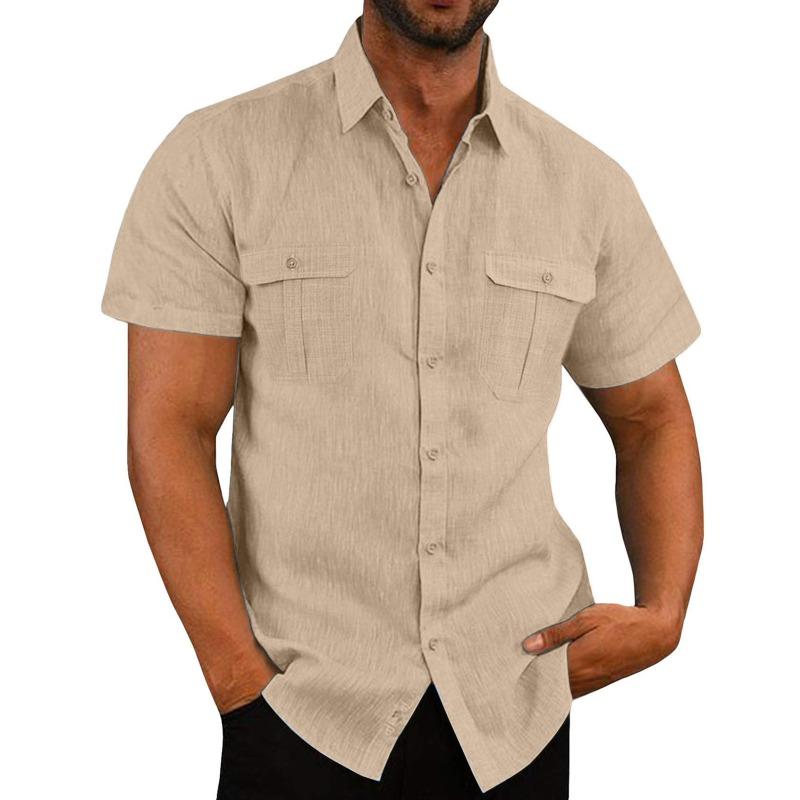 Men Linen Blend Short Sleeve Button Down Shirt Casual Summer Beach Top With Dual Chest Pockets
