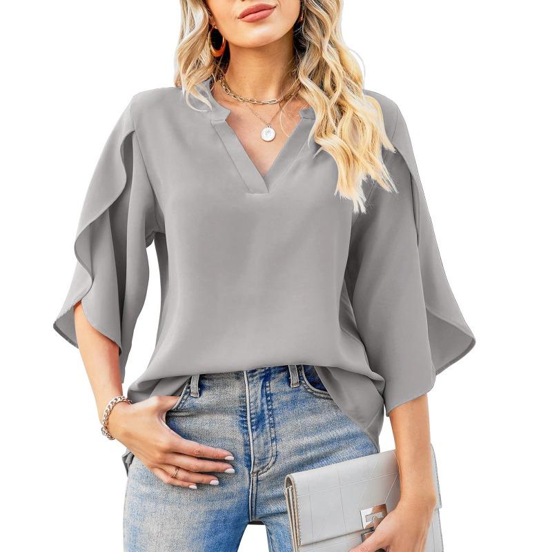 BITCED Women's Fashion Casual Solid Color Print Short Sleeve V Neck Blouses & Shirts