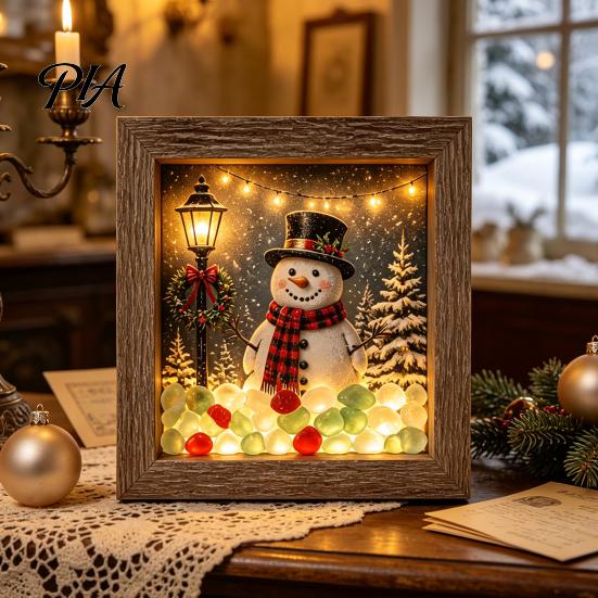 Bedside Ambient Light Christmas Sea Glass Shadow Box Night Light, 3D Winter Snow Scene Wooden Retro Style Wall Decor Art Frame with LED Warm