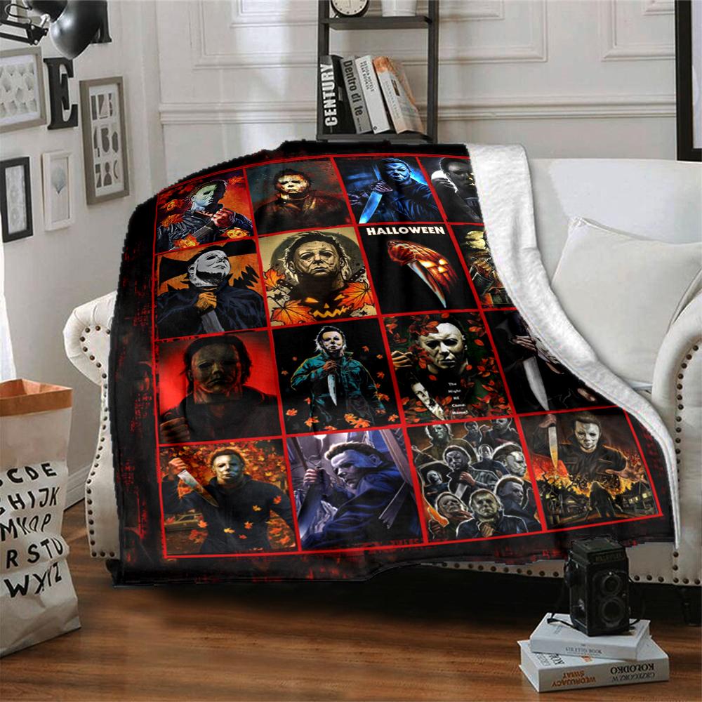 1Pc Halloween Horror Icons Flannel Blanket, Soft And Comfortable, Casual Warm, Camping Travel, Christmas, Halloween Xmas Gift L1470