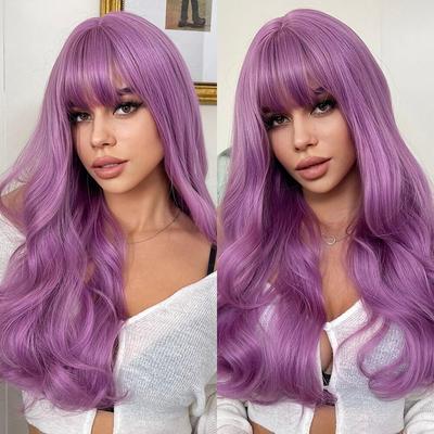 Piękne kolorowe peruki z długimi falami, damskie fioletowe peruki syntetyczne, damskie peruki cosplay na imprezę świąteczną, włosy odporne na ciepło