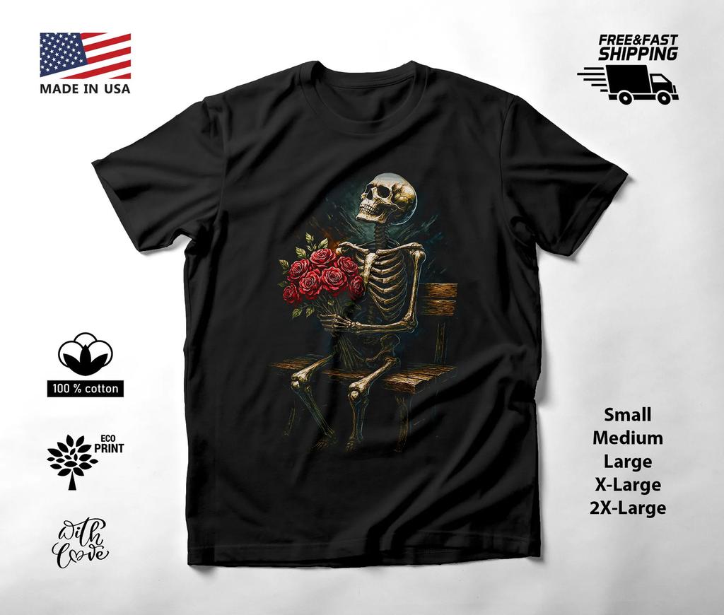 Skeleton On Bench with Roses T-Shirt Black Unisex S-2XL