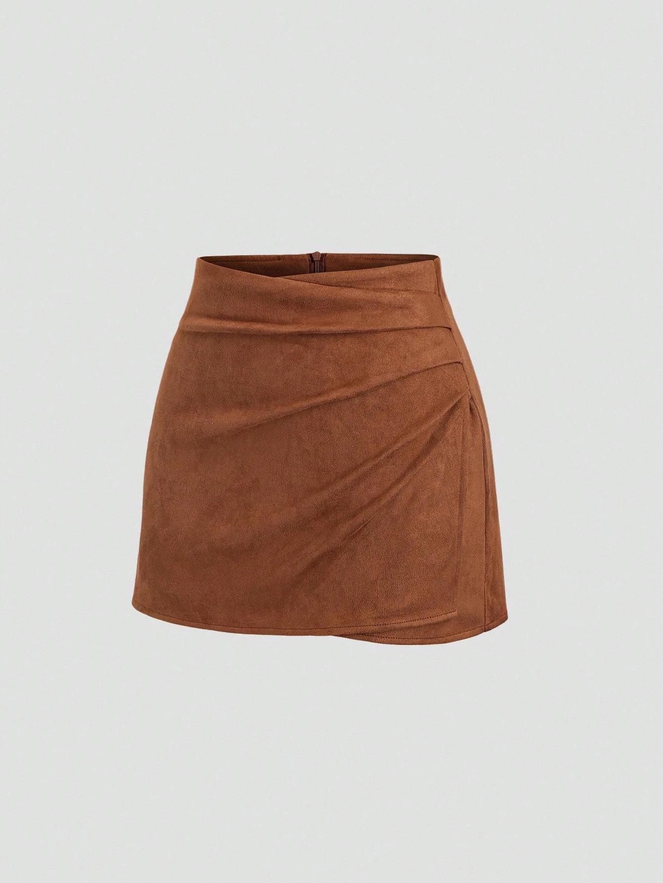 

Chic Pleated Skirt: Retro Leather Velvet Mini for Autumn/Winter XL світло-коричневого кольору