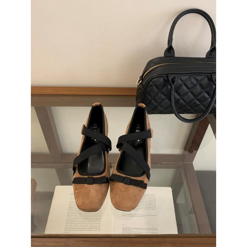 Square head cross strap French Mary Jane women's shoes 2025 ballet shoes bow platform shallow mouth single shoes