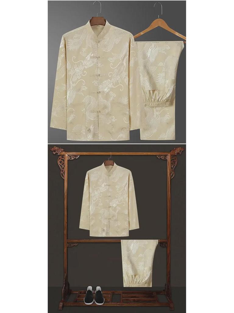 Ice Silk Tang Suit Long-Sleeved Shirt: Men's Chinese-Style Spring/Autumn Dress for Middle-Aged and Elderly