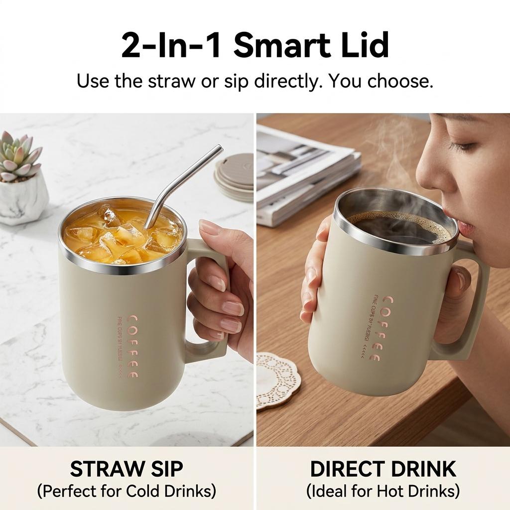 Thermal Coffee Mug Travel Tumbler 304 Stainless Steel Insulated Cup Leakproof with Handle Straw Lid Folding Spoon Portable