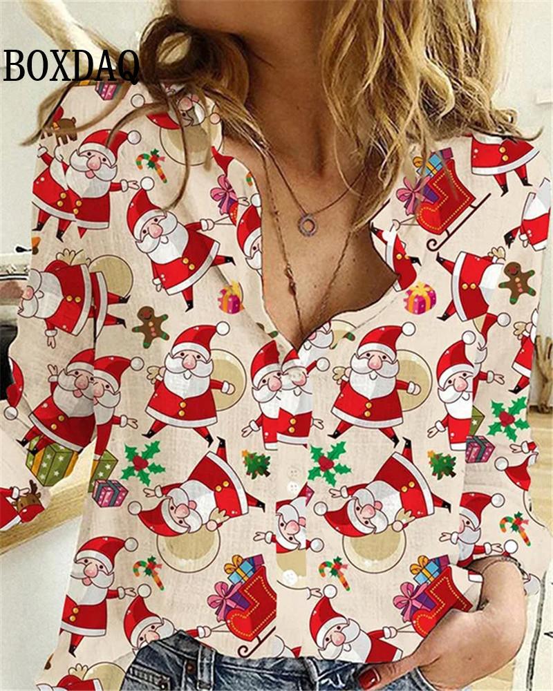 New Women's Blouses Christmas 3D Printed Shirts Autumn Winter Fashion Long Sleeve Funny Cute Santa Claus Casual Button Tops