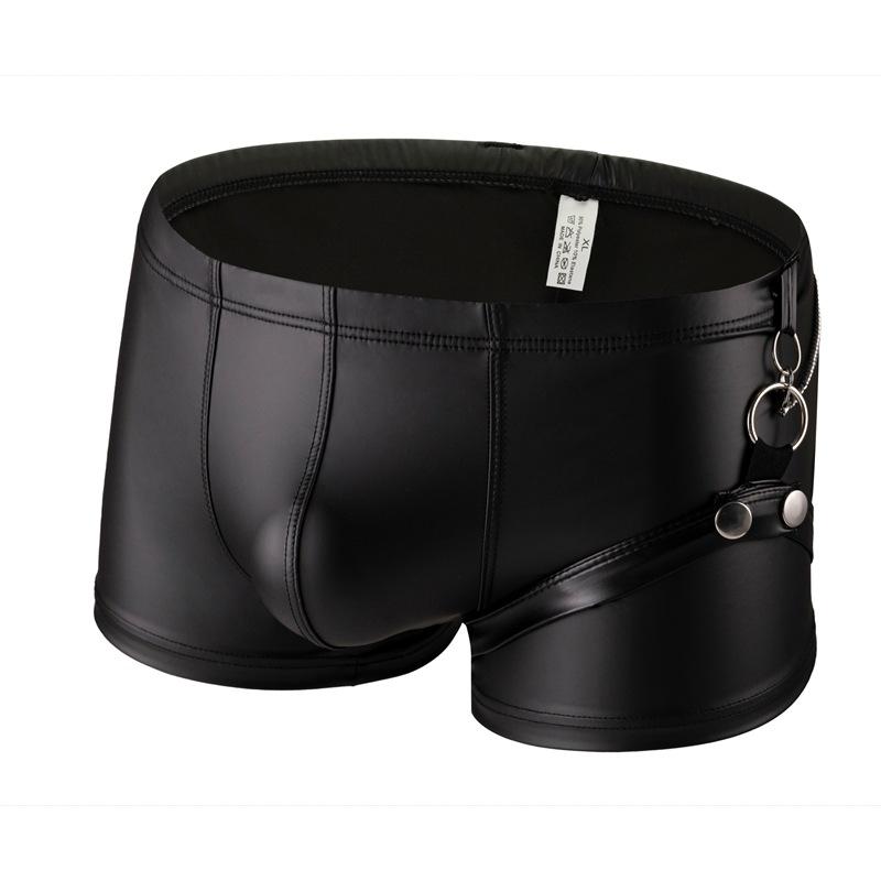 Mens Sexy Underwear Black Faux Leather Boxers Shorts Nightclub Ring Lingerie Man Panties U Convex Pouch Underpants