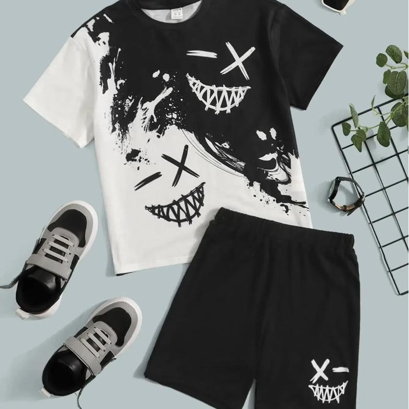 2024 Summer 4-14 Years Children's Cool Boys Cute Girls 3D Multicolor Grimace Print Short Sleeve T-shirt And Shorts Sets