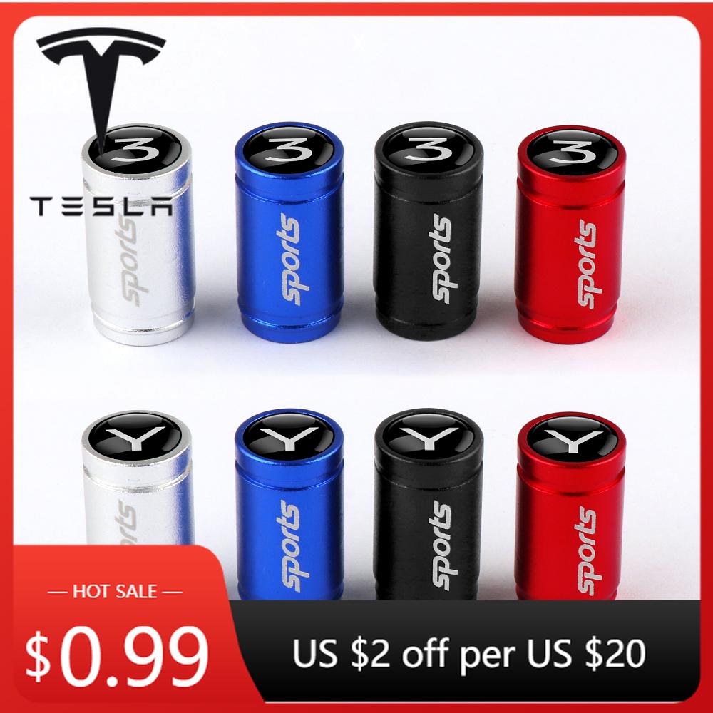 Car Sticker Tesla 4Pcs Aluminum Badge Car Wheel Tire Valve Stem Caps Cover For Tesla Model 3 Y S X Roadster Juguete SpaceX Cyber