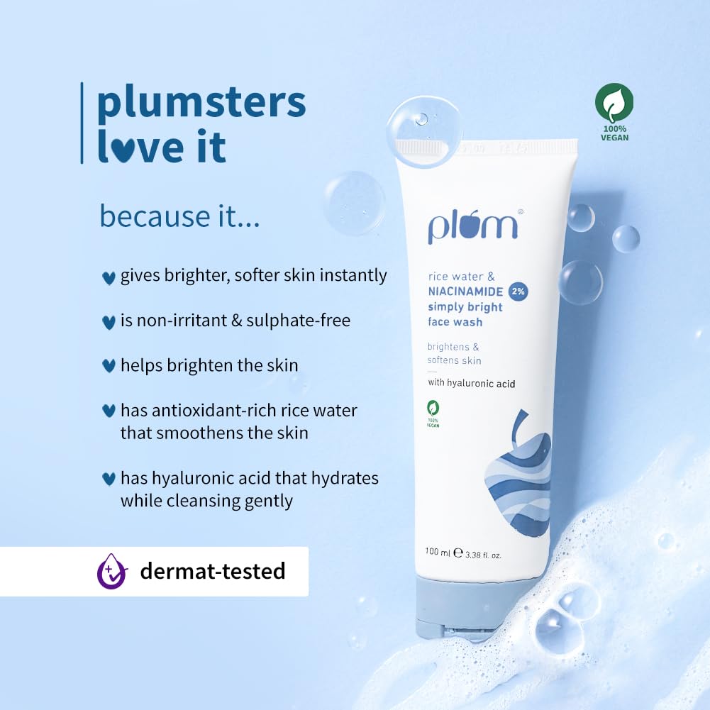 Plum Rice Water Niacinamide Face Wash Gentle Cleanser For Bright Even Soft Skin Daily Use 100 ml Vegan