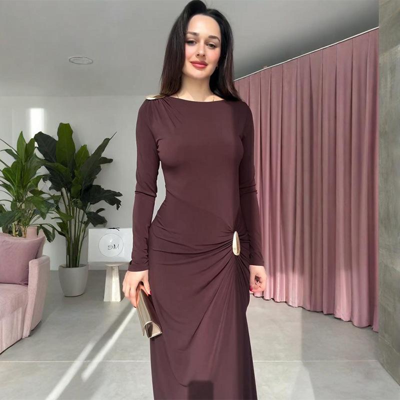 2025 European/American Bodycon Sheath Dress: Solid Color, Long Sleeve, Round Neck, Button & Pleated Details