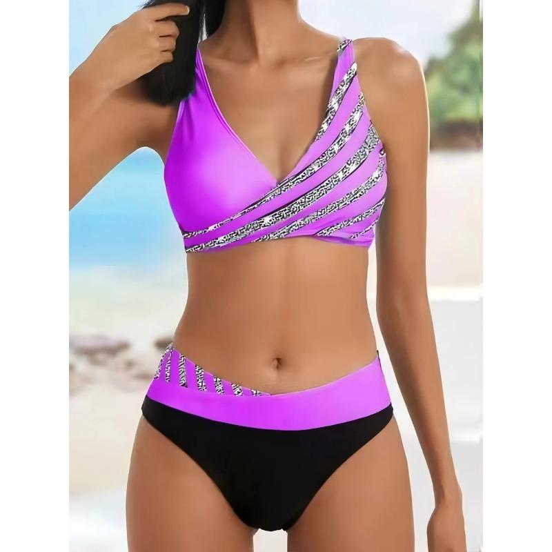 Bikini set s V výstřihem 2026 Dámský pruhovaný patchworkový plavecký úbor Letní plážové oblečení Plavky Ženské plavky Koupací plavky 3XL