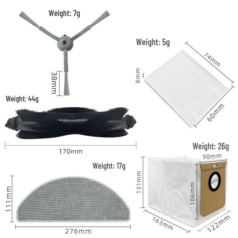 Compatible Accessories for Roidmi EVE CC Robot: Main Brush, Roller Brush, Side Brush, Corner Brush, Mop Cloth, and Dust Bag.