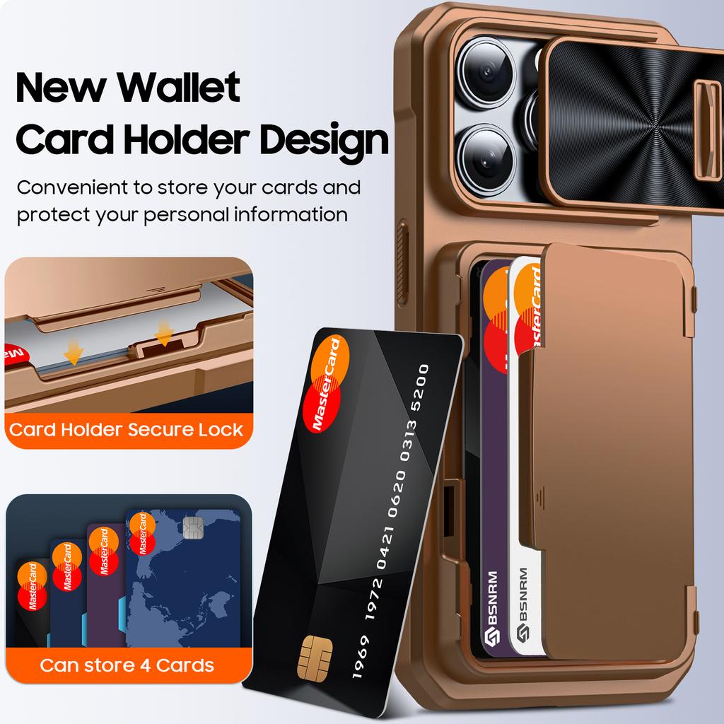 Protective Wallet Case with RFID Card Holder, Kickstand and Camera Cover for iPhone 14 Pro-Gold