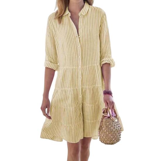 Damen Gestreiftes Button-Down-Hemdkleid Lässig Locker Langarm Mehrlagig Schwingend Tunika Kleid Sommer Strand Sonnenkleid