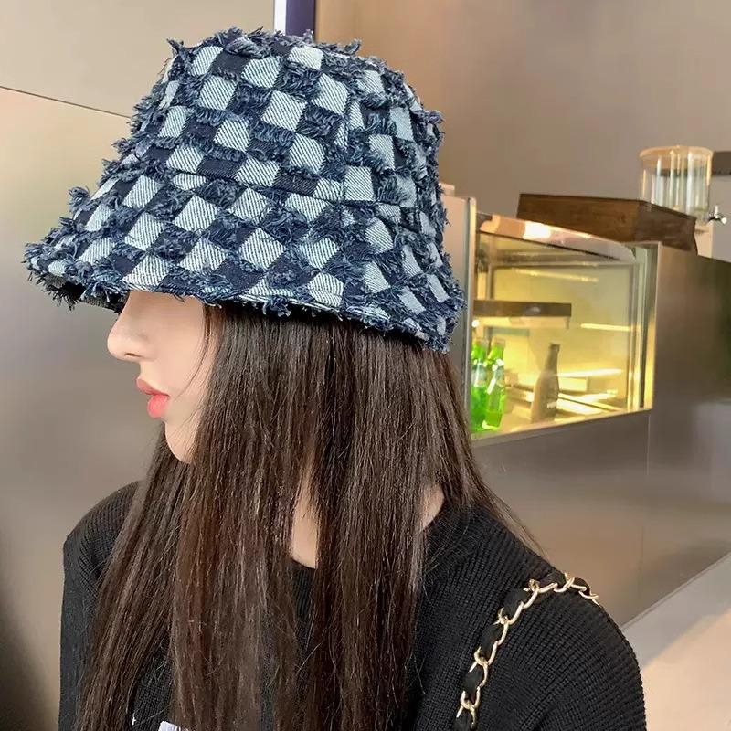 New Korean Style Denim Blue Plaid Bucket Hat For Women Summer Outdoor SunShade Checked Cap Luxury Designer Party Gift