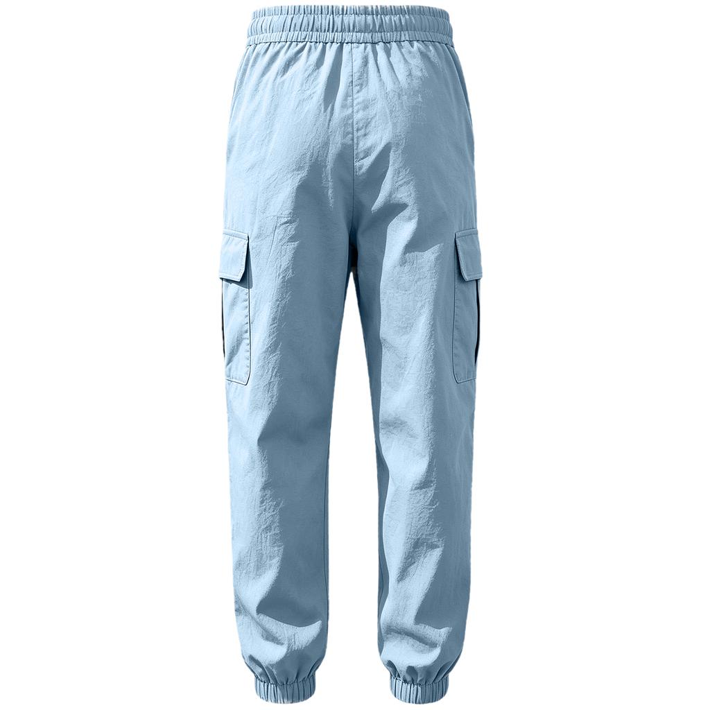 Men's Lightweight Cotton Linen Cargo Pants Loose Fit Multi Pocket Jogger Style Elastic Waistband Drawstring Adjustable Ankle Cuffs