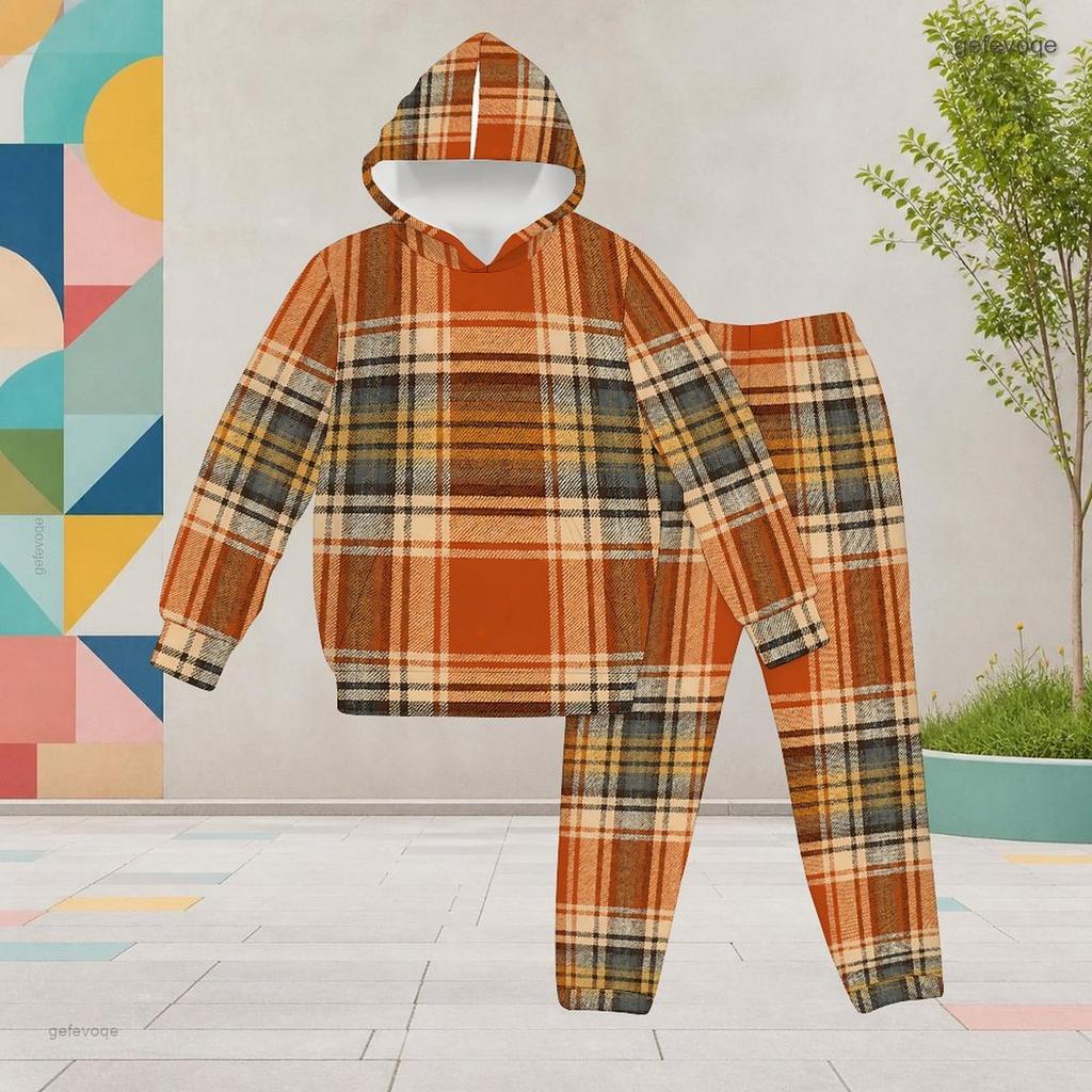 Girls Colorful Geometric Printed Hooded Long Sleeve Two Piece Pants Set Kangaroo Pocket Cuffed Pants