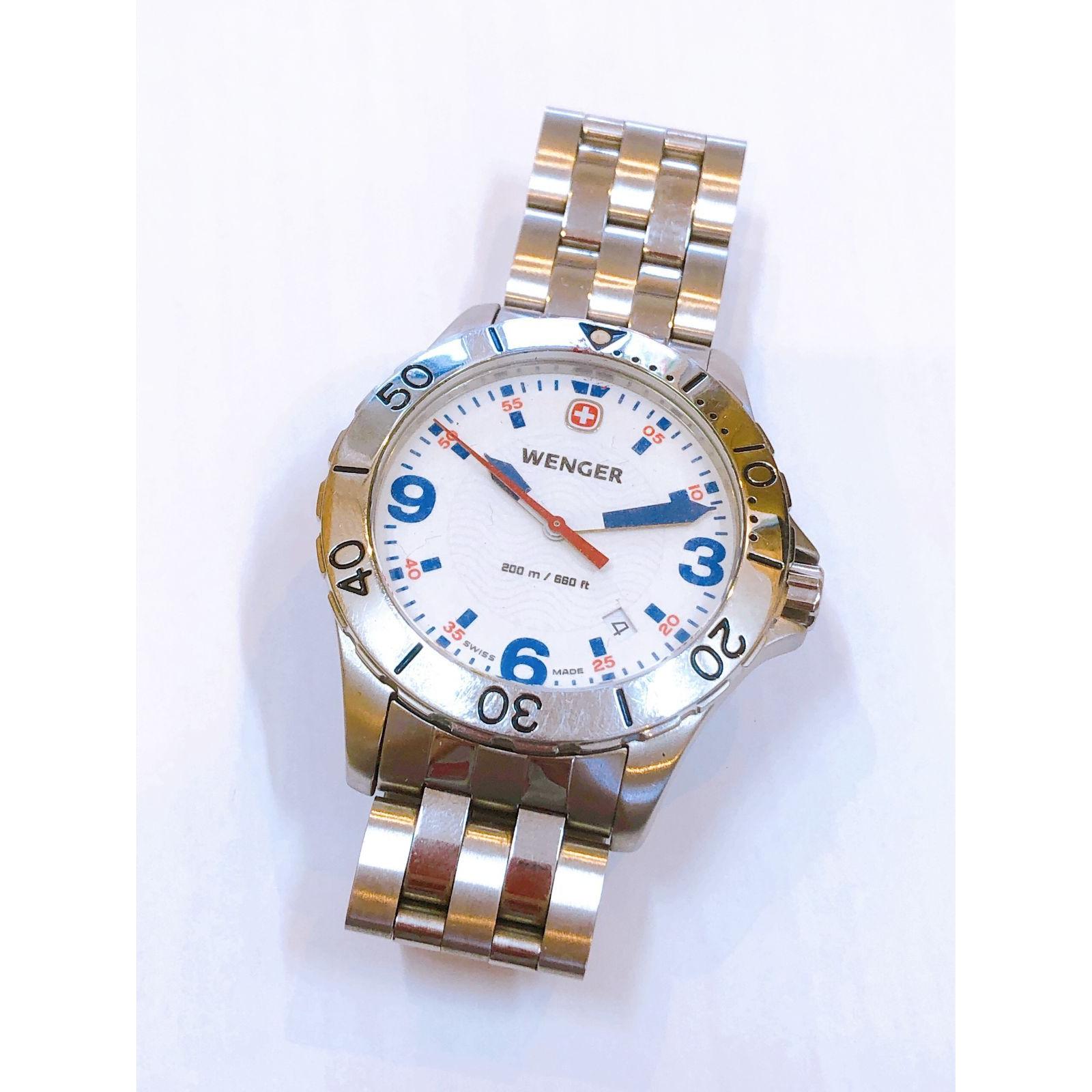 Used [4580] WENGER Military Diver s Watch 7217X 200m 20BAR Waterproof Blue x White Dial WENGER Diver s Watch Military Watch
